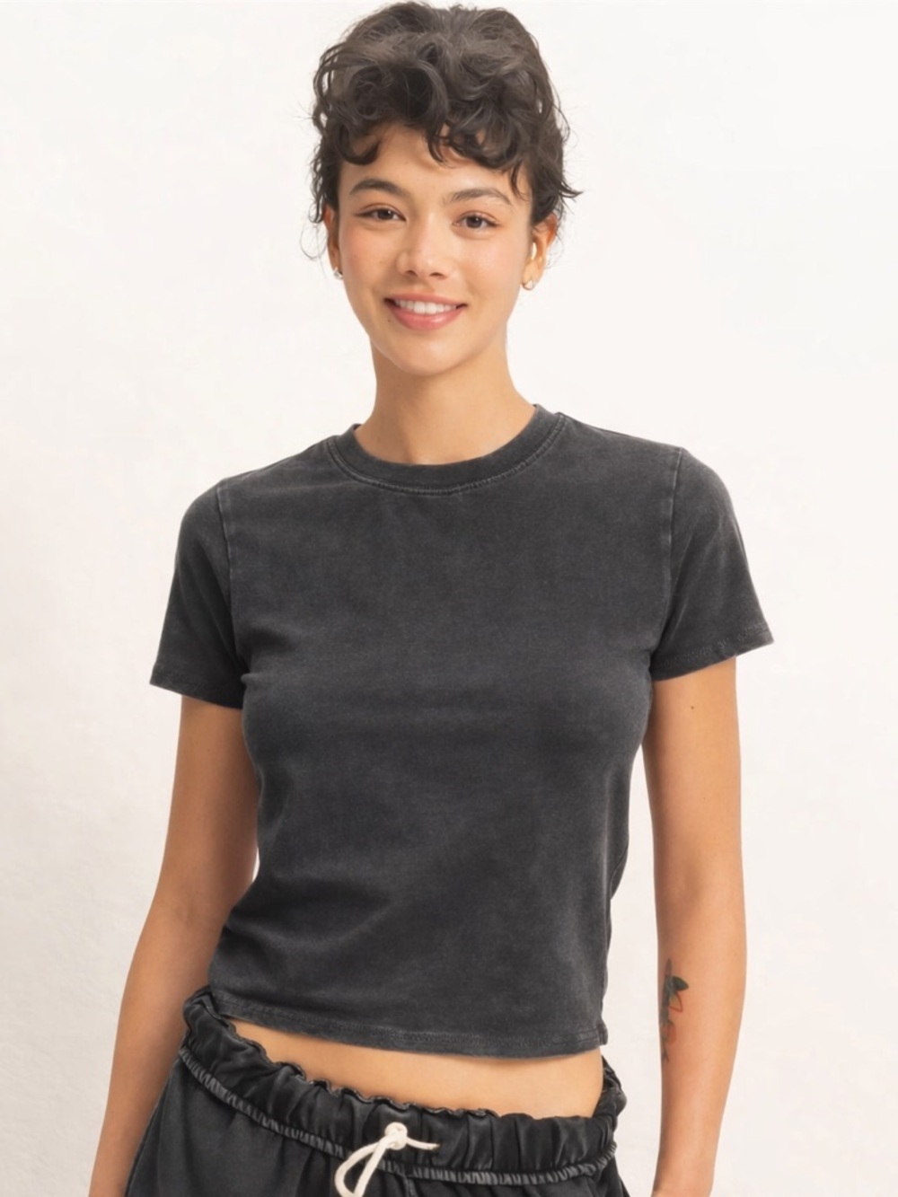 NEW Double Zero Black Mineral Wash Fitted Tee Crew Neck Basic Shirt Top